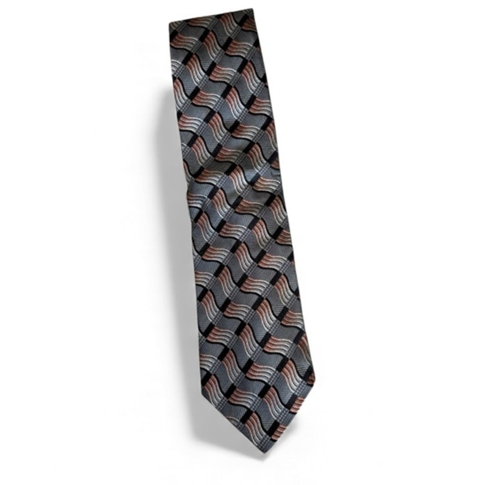 Lamberti Made in Italy Silk Necktie Gray Black Copper Geometric Wave Pattern‎
